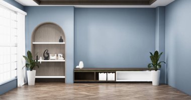 Gri mavi büyük yaşam alanı lüks odada modern tarz dekorasyon 3D