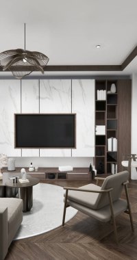 Dekorasyon, lamba, bitki, halı ve 3D işlemeli boş odadaki dolap rafları.