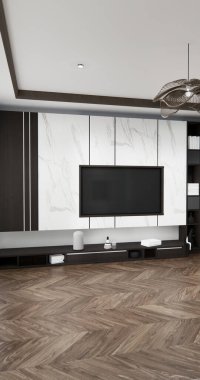 Modern boş odadaki televizyon dolabını taklit et. Japon asgari tasarımları, 3D görüntüleme.