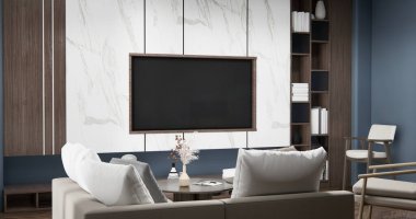 Gri mavi duvarlı oturma odası iç tasarımı kanepe modern ve dekorasyonlu. 3B görüntüleme