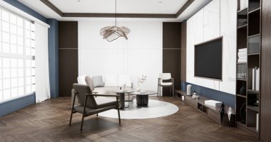 Gri mavi duvarlı oturma odası iç tasarımı kanepe modern ve dekorasyonlu. 3B görüntüleme