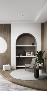 Dekorasyon, lamba, bitki, halı ve 3D işlemeli boş odadaki dolap rafları.