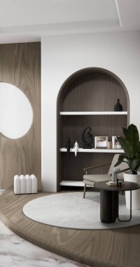 Dekorasyon, lamba, bitki, halı ve 3D işlemeli boş odadaki dolap rafları.