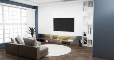 Gri mavi duvarlı oturma odası iç tasarımı kanepe modern ve dekorasyonlu. 3B görüntüleme