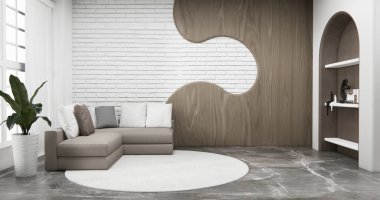 Dekorasyon, lamba, bitki, halı ve 3D işlemeli boş odadaki dolap rafları.