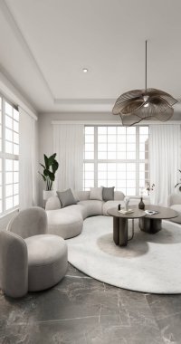 Oturma odasında, arka plan 33D işlemeli, süslemeli bir kanepe var.