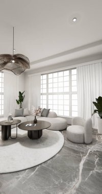 Oturma odasında, arka plan 33D işlemeli, süslemeli bir kanepe var.