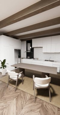 Mutfak tezgahında beyaz, modern çatı katı tarzı modelleme ve mutfak tasarımı. 3d oluşturma