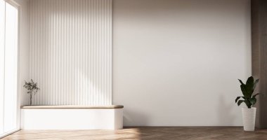 Modern boş odadaki televizyon dolabını taklit et. Japon asgari tasarımları, 3D görüntüleme.