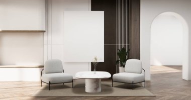 Dekorasyon, lamba, bitki, halı ve 3D işlemeli boş odadaki dolap rafları.