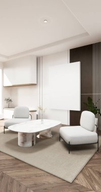 Dekorasyon, lamba, bitki, halı ve 3D işlemeli boş odadaki dolap rafları.