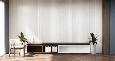 Gri mavi büyük yaşam alanı lüks odada modern tarz dekorasyon 3D