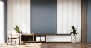 Gri mavi büyük yaşam alanı lüks odada modern tarz dekorasyon 3D