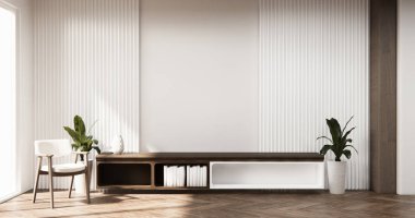 Modern boş odadaki televizyon dolabını taklit et. Japon asgari tasarımları, 3D görüntüleme.