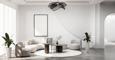 boş oturma odası ve sanat ahşap paneller duvar arkaplan 3 boyutlu resimleme