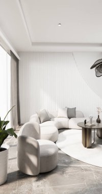 boş oturma odası ve sanat ahşap paneller duvar arkaplan 3 boyutlu resimleme