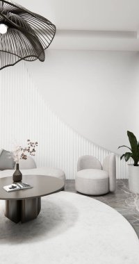 boş oturma odası ve sanat ahşap paneller duvar arkaplan 3 boyutlu resimleme