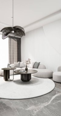 boş oturma odası ve sanat ahşap paneller duvar arkaplan 3 boyutlu resimleme