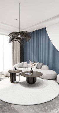 Gri mavi duvarlı oturma odası iç tasarımı kanepe modern ve dekorasyonlu. 3B görüntüleme