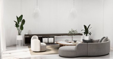 Beyaz ahşap döşeme ve beyaz duvar, minimalist ve zen oturma odası japon tarzı.3d render iç Tv dolabı
