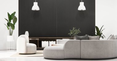 Beyaz oda ve siyah paneller duvar arkaplanı ve dekorasyon odası 3D resimleme