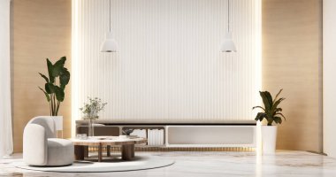 Beyaz ahşap döşeme ve beyaz duvar, minimalist ve zen oturma odası japon tarzı.3d render iç Tv dolabı