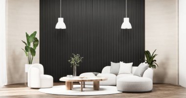 Beyaz oda ve siyah paneller duvar arkaplanı ve dekorasyon odası 3D resimleme