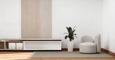 Beyaz ahşap döşeme ve beyaz duvar, minimalist ve zen oturma odası japon tarzı.3d render iç Tv dolabı