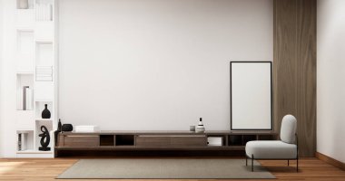 Beyaz ahşap döşeme ve beyaz duvar, minimalist ve zen oturma odası japon tarzı.3d render iç Tv dolabı