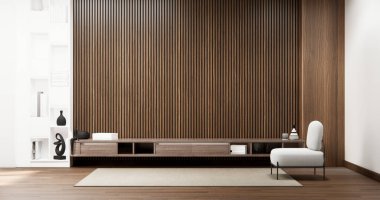 Beyaz ahşap döşeme ve beyaz duvar, minimalist ve zen oturma odası japon tarzı.3d render iç Tv dolabı