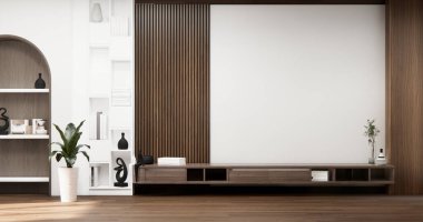 Model ahşap dolap dekorasyonu, modern oturma odası tarzı. 3d oluşturma