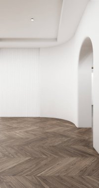 Oturma odası boş. Modern tarz zemin tahta. Beyaz, boş, 3D duvarlı.