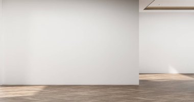 Oturma odası boş. Modern tarz zemin tahta. Beyaz, boş, 3D duvarlı.