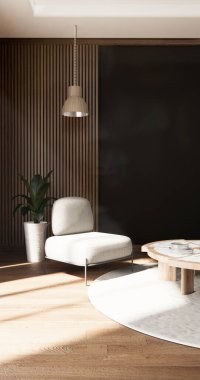 Modern boş odada sahne dolabı, ahşap zeminde siyah duvar, 3D görüntüleme.