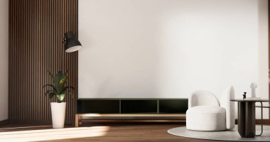 Dolapla duvar tasarımını dekorasyonu, lambası, 3D 'si olan boş bir oda üzerine kurun.