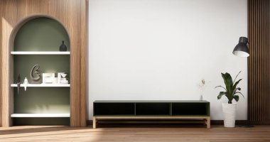 Dolapla duvar tasarımını dekorasyonu, lambası, 3D 'si olan boş bir oda üzerine kurun.