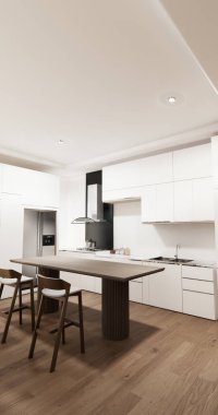 Mutfak tezgahında beyaz modern modeller yapın ve mutfak tasarımını ayarlayın. 3d oluşturma