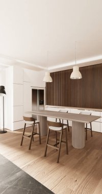 Set mutfağındaki Mockup White Kitchen barı modern tarz beyaz ve ahşap konsept. 3d oluşturma