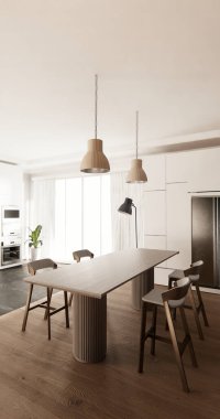 Set mutfağındaki Mockup White Kitchen barı modern tarz beyaz ve ahşap konsept. 3d oluşturma