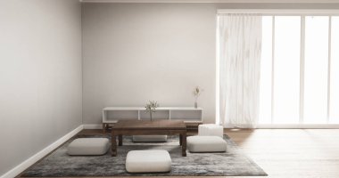 Alçak tablolu ve yastıklı modern Japonya tarzı 3D tasarım.