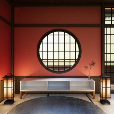 En az 3D oturma odasındaki Japon dekorasyonuyla turuncu, gür lav renk odası modeli.