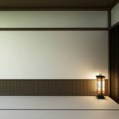 Modern Japon tatami paspas döşemesi, ahşap oda wabisabi geleneksel tarzı. 3B görüntüleme