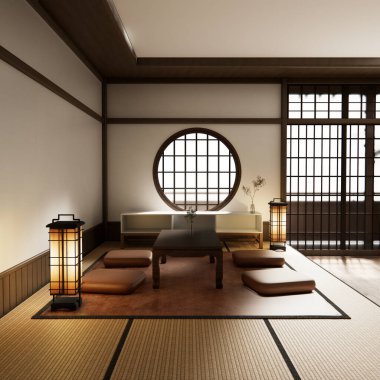 Oturma odasındaki alçak masa Japon stili, süslemesi çok az. 3B görüntüleme