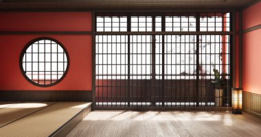 En az 3D oturma odasındaki Japon dekorasyonuyla turuncu, gür lav renk odası modeli.