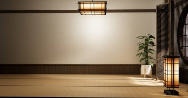 Modern Japon tatami paspas döşemesi, ahşap oda wabisabi geleneksel tarzı. 3B görüntüleme