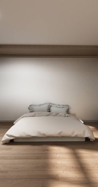 Yatak odası Japon tarzı, modern beyaz duvar ve ahşap zemin, oda minimalisti. 3B görüntüleme