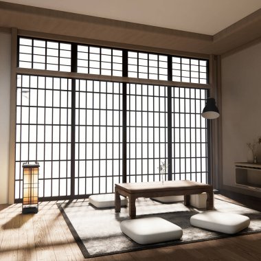 Oturma odasındaki alçak masa Japon stili, süslemesi çok az. 3B görüntüleme