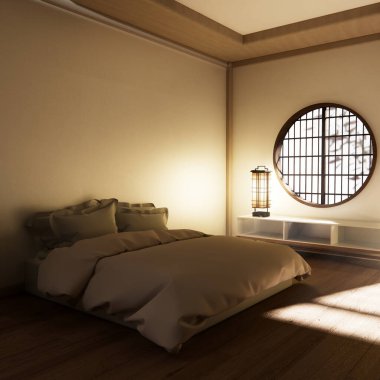 Yatak odası Japon tarzı, modern beyaz duvar ve ahşap zemin, oda minimalisti. 3B görüntüleme