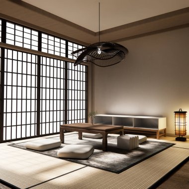 Oturma odasındaki alçak masa Japon stili, süslemesi çok az. 3B görüntüleme