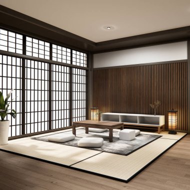 Oturma odasındaki alçak masa Japon stili, süslemesi çok az. 3B görüntüleme